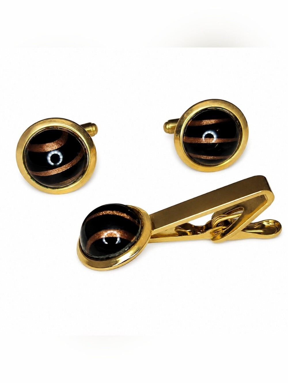 Vintage Black Copper Swirl Cufflinks Tie Clip Set Gold Tone Mid Century Original